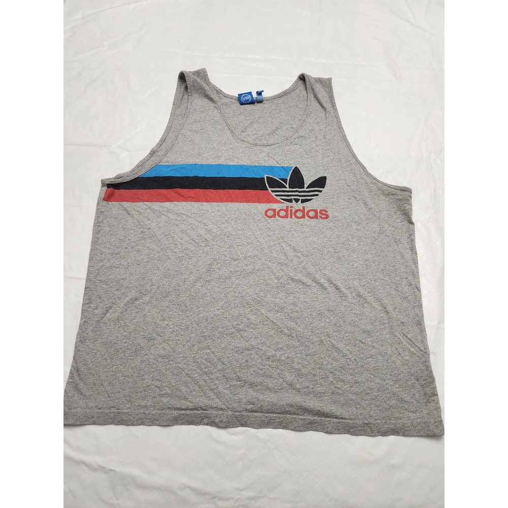 Adidas Tank Top Mens 2XL Gray Jersey Trefoil Striped Originals Graphic Logo